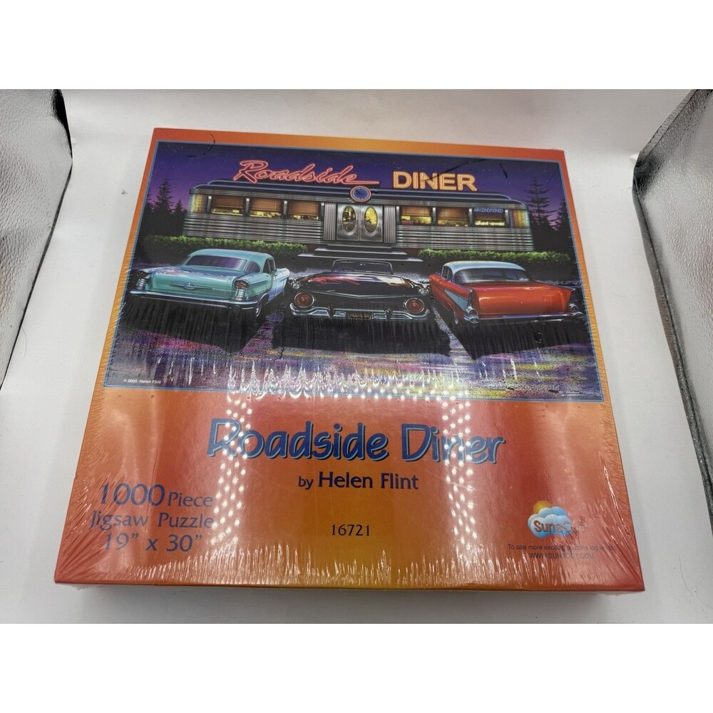 NEW Sunsout 1000 Piece Puzzle Roadside Diner by Helen Flint Vintage Cars 19X30